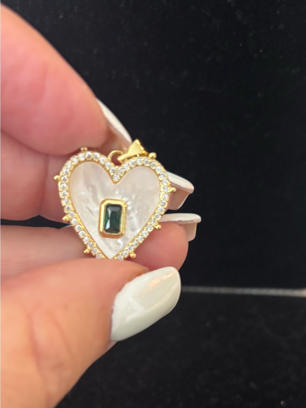 Gold Heart Pendant with Mother-of-Pearl and Green Stone